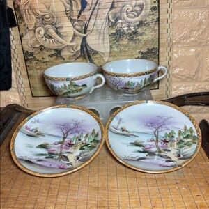 Japan Hand Painted Tea Cups Saucers  2 Pair Village Coast Shore Lady in Path